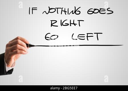 Main masculine écrivant un si rien ne va à droite, aller à gauche message de derrière un écran virtuel gris. Banque D'Images