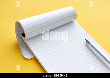 Vue de dessus d'une page vierge ouverte de bloc-notes avec des lignes et un stylo feutre minimaliste transparent sur fond jaune avec espace de copie. Pour utilisation comme maquette. Banque D'Images