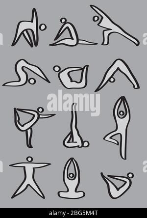 Un homme d'icône simple qui montre différentes poses de yoga. Icônes vectorielles isolées sur fond gris Illustration de Vecteur