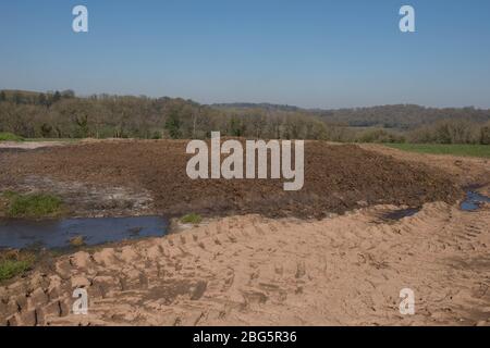 Tas de muck entouré de pistes de pneus de tracteur dans un champ sur une ferme avec vue panoramique et un ciel bleu brillant arrière-plan dans la campagne du Devon rural Banque D'Images