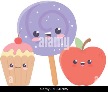 adorable bonbons aux pommes dans le bâton et cupcake kawaii dessin animé personnage illustration vectorielle Illustration de Vecteur