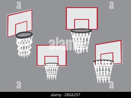 Panier de basket-ball et filet monté sur l'arrière-plan dans différentes vues. Jeu de quatre illustrations vectorielles de paniers pour le sport de basket isolé sur le gr Uni Illustration de Vecteur