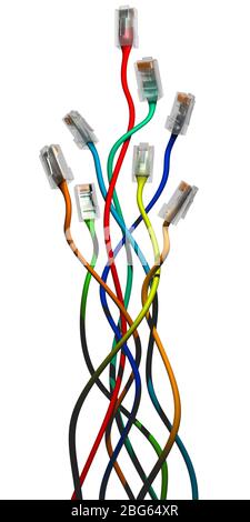 Câbles d'ordinateur. Réseau, LAN Ethernet, fond blanc. Toile emmêlée. Banque D'Images