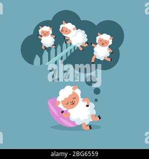 Comptage des moutons pour dormir la nuit. Sauter l'agneau à l'illustration vectorielle de rêve heureux. Joli animal dans le nuage de sommeil Illustration de Vecteur