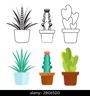 Populaire succulents ligne et dessin animé ensemble - plantes de maison icônes de cactus. Illustration vectorielle Illustration de Vecteur