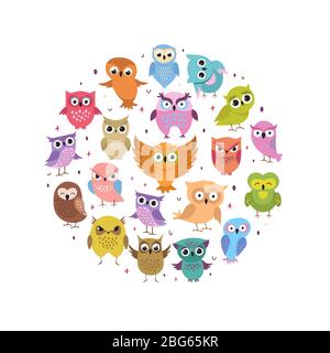 Joli motif hiboux rond. Caricature drôle d'oiseaux de forêt ensemble. Collection de caricatures de forêt de hibou de couleur. Illustration vectorielle Illustration de Vecteur