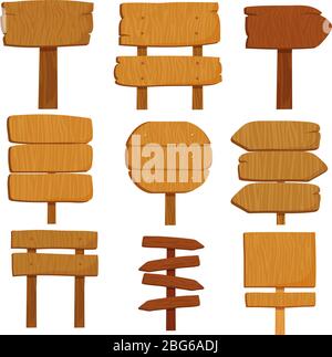 Panneaux en bois de dessin animé vides. Vieux panneaux de signalisation en bois ensemble vectoriel isolé. Illustration d'un panneau vide, d'un panneau de signalisation et d'un panneau de signalisation Illustration de Vecteur