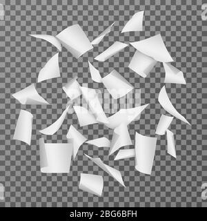 Feuilles de documents papier volantes. La chute de pages blanches blanches en relief est isolée. Page blanche du papier, feuille de document vide Illustration de Vecteur