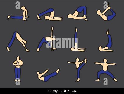 Illustration vectorielle de la figure de dessin animé montrant des asanas de yoga de la hatha traditionnelle. Illustration de Vecteur