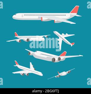 Charte avion plat dans divers points de vue. Les symboles de voyage et de vecteur d'aviation civils sont isolés. Charte d'avion, avion avec aile, avi Illustration de Vecteur