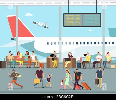 Terminal international de l'aéroport avec personnes assises et à pied. Hommes et femmes, les familles avec enfants vont sur le concept vectoriel de vacances d'été. Famille dans airp Illustration de Vecteur