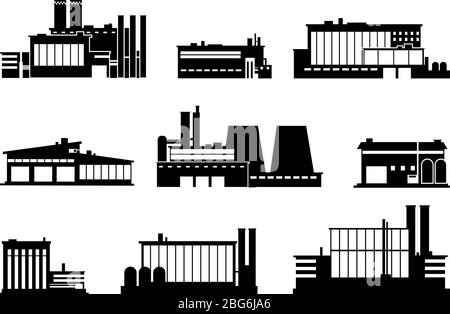 Usine, usine de fabrication et entrepôt noir silhouette icônes isolées. Construction d'usines, production et fabrication, vecteur illust Illustration de Vecteur