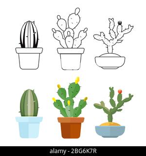 Dessins animés colorés et dessinés à la main contours cactus ensemble icônes. Illustration vectorielle Illustration de Vecteur