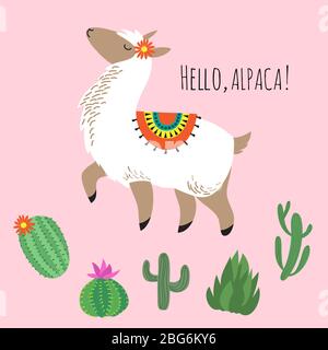 Fier lama et cactus impressionnants - bonjour alpaga carte design. Cactus vert vectoriel et lama animal, illustration de la faune alpaga Illustration de Vecteur