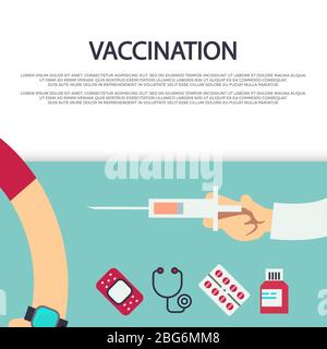 Modèle de poster de bannière concept de vaccination avec seringue et icônes médicales. Illustration vectorielle Illustration de Vecteur