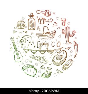 Symboles mexicains dessinés à la main - croquis logo ou emblème du mexique, illustration vectorielle Illustration de Vecteur