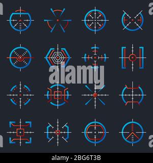 Objectifs optiques militaires futuristes. Cibles du canon, indicateurs de plage de mise au point. Cible d'arme Sniper avec interface utilisateur hud pour des icônes vectorielles de visée précises. Ensemble de AIM cr Illustration de Vecteur