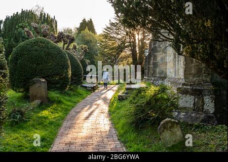 Une jeune femme marchant sur un sentier dans la cour de l'église des Saints dans le village historique de Lindfield, West Sussex, Angleterre. Banque D'Images