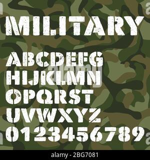 Ancien alphabet militaire, lettres et chiffres audacieux sur fond de camouflage vert de l'armée. Police vectorielle stencil. Police de caractères de l'alphabet vectoriel, militaire lett Illustration de Vecteur