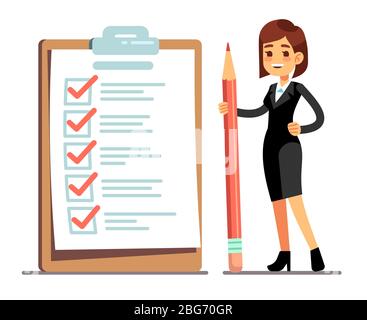 Une femme heureuse tenant un crayon à la liste de contrôle du calendrier géant avec des marques de graduation. Organisation des affaires et réalisations du concept de vecteur d'objectifs. Femme d'affaires Illustration de Vecteur