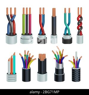 Câbles industriels électriques réalistes, câbles électriques en cuivre, ensemble vectoriel isolé. Illustration de la ligne d'électricité du câble en cuivre Illustration de Vecteur
