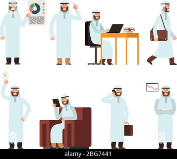 L'homme arabe dans les vêtements traditionnels de l'Arabie saoudite ethnique dans différentes situations d'affaires. Les caractères arabes vectoriels sont isolés. Illustration des personnes i Illustration de Vecteur