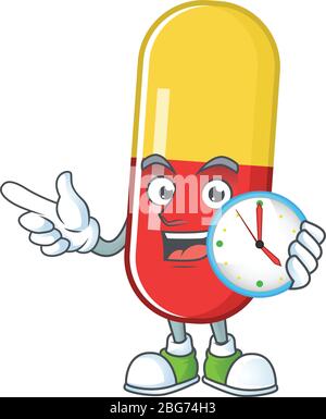 Capsules jaunes rouges conception de mascotte tenant un cercle horloge Illustration de Vecteur