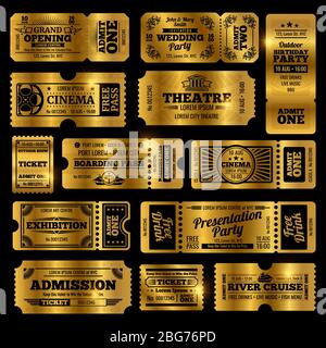 Modèles de billets d'entrée vintage Circus, Party et Cinema Vector. Billets Golden isolés sur fond noir. Billet de collection en style vintage Illustration de Vecteur