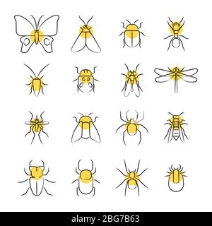 Esquissez des icônes linéaires d'insectes avec des détails jaunes isolés sur blanc. Illustration vectorielle Illustration de Vecteur