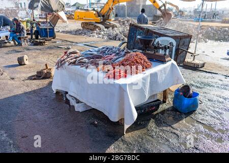 Table avec fruits de mer à vendre sur le marché des fruits de mer du Port d'Essaouira Maroc Banque D'Images