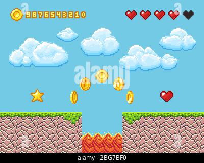 Paysage de jeu de pixels vidéo avec pièces d'or, nuages blancs et coeur rouge illustration vectorielle. Jeux et jeux vidéo, style de vie de divertissement d'activité Illustration de Vecteur