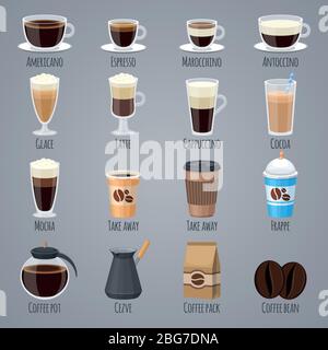 Espresso, latte, cappuccino dans les verres et les tasses. Types de café pour le menu de la maison de café. Les icônes vectorielles plates définissent la boisson, l'arôme de caféine du matin illu Illustration de Vecteur