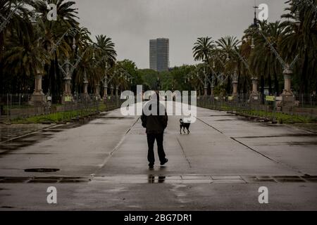 20 avril 2020, Barcelone, Catalogne, Espagne - UN homme marche son chien sous la pluie par une avenue vide à Barcelone. Les décès quotidiens de coronavirus en Espagne chutent à 399, alors que les cas confirmés dépassent maintenant 200 000. Credit:Jordi Boixaeu/Alay Live News Banque D'Images