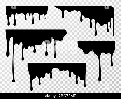 Noir goutte de taches d'huile, sauce ou peinture courant vecteur silhouettes isolés. Projection de liquide, bordure de plateau, illustration de fuite d'faucille Illustration de Vecteur