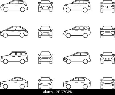 Panneaux de ligne de vue avant et latérale de voitures, symboles automatiques. Icônes vectorielles du véhicule isolées sur fond blanc. Voiture auto, illustration de l'automobile Illustration de Vecteur