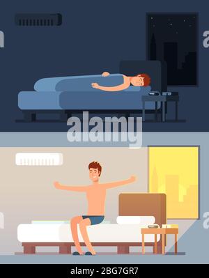 L'homme dormait et rêvait tranquillement dans un lit confortable la nuit et peppy se réveillant dans le concept vectoriel de dessin animé du matin. Illustration de l'BE de nuit et de matin Illustration de Vecteur