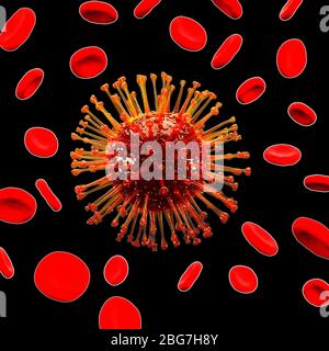 Le coronavirus rouge covid 19 et les cellules sanguines sur fond noir. Rendu 3D Banque D'Images