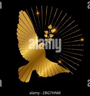 Logo « Golden Dove of Peace ». Pigeon, branche et starburst sur fond noir. Vecteur esquive en or avec l'illustration de l'aile et de la branche Illustration de Vecteur