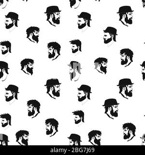 Motif hipster vectoriel sans coutures des icônes de barbershop avec face hipster dans un style plat. Coiffeur avec un fond sans fin. hipster man chapeau sans couture Illustration de Vecteur