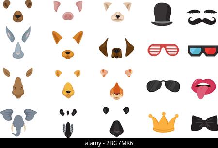 Visages d'animaux drôles, masques de dessin animé, filtres photo pour téléphone vidéo chat application scénario ensemble. Application masque photo, illustration du visage animal de l'application Illustration de Vecteur