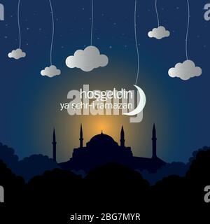 Bienvenue mois du Ramadan (turc Hosseldin ya Sehri Ramazan), étude vectorielle sur la silhouette d'istanbul de la Mosquée bleue Illustration de Vecteur