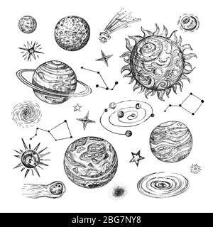 Soleil dessiné à la main, planètes, étoiles, comet, astéroïde, galaxie. Illustration vectorielle astronomique vintage en style gravure. Planète et comète, lune et soleil, Illustration de Vecteur