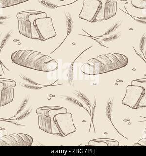 Motif sans couture de blé et de pain tiré à la main. Illustration de la texture de boulangerie vectorielle Illustration de Vecteur