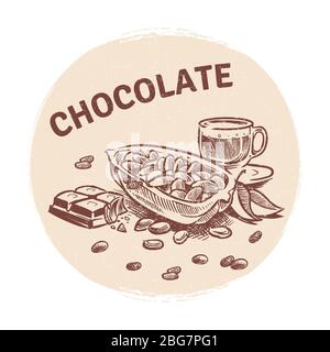 Emblème de chocolat vectoriel à dessin à la main avec barre de chocolat, fèves de cacao et illustration de tasse Illustration de Vecteur