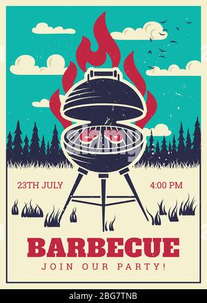 Affiche de fête pour barbecue vintage. Délicieux hamburgers grillés, carte d'invitation familiale à vecteur de barbecue. Barbecue vintage grill illustration de fête Illustration de Vecteur