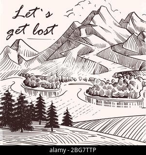 Le paysage de montagne esquissé à la main laisse se perdre. Bannière et affiche, illustration vectorielle Illustration de Vecteur