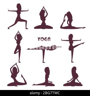 Exercices de yoga et méditation silhouettes femelles isoler sur fond blanc. Illustration vectorielle Illustration de Vecteur