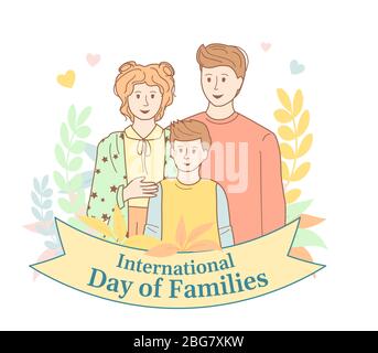 Journée internationale des familles avec couronne de fleurs. Papa et fils de maman. Carte pour le style de dessin animé de la Journée internationale de la famille. Portrait de famille, personnes heureux. Illustration vectorielle Illustration de Vecteur