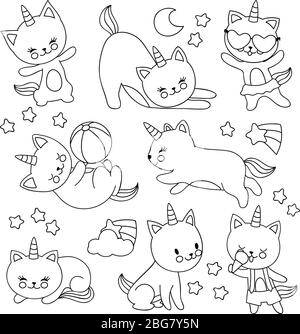 Mignons chats licorne volants dessinés à la main. Personnages vectoriels de dessin animé pour le livre de coloriage pour enfants. Dessin unicorn Cat, animal de compagnie avec illustration linéaire de l'avertisseur sonore Illustration de Vecteur