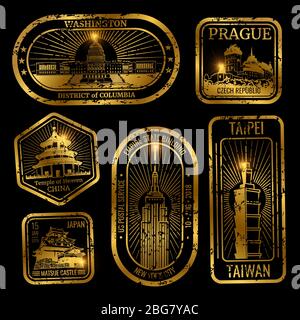 Des timbres de voyage vintage en or avec des monuments et des monuments principaux isolés sur l'illustration noire Illustration de Vecteur